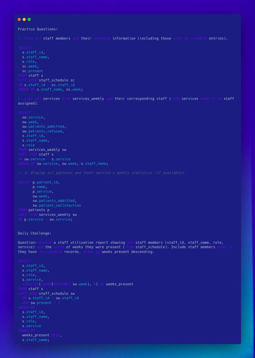 adarshankur19's tweet image. Day 14 of the #IDC 21 Days of SQL Challenge 🚀

Learned how LEFT JOIN and RIGHT JOIN include unmatched records, why LEFT JOIN is handy for reports, and how to count unique weeks present.

@indiandataclub  @dpdzero 

#LearnSQL #DataAnalytics #SQLWithIDC #21DaysOfSQL