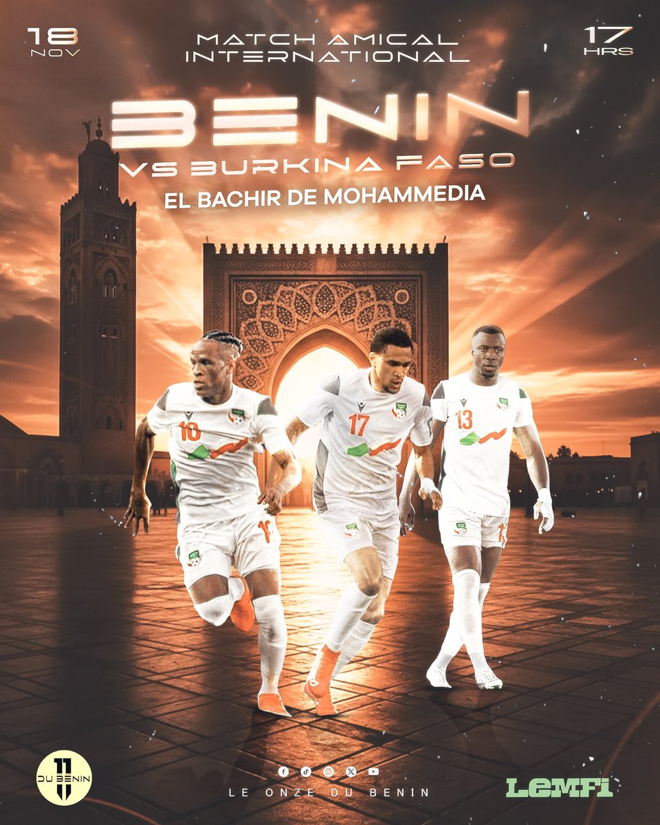 equipebeninoise's tweet photo. 📅 Mardi 18 novembre 2025
⚽️ Bénin 🇧🇯 vs 🇧🇫 Burkina Fas
📍 Stade El Mohammedia Maroc
🕔 17h (heure locale)
🔥 Dernier test avant la CAN !
#TeamBenin #Guépards #BurkinaBenin #MatchDay #RoadToCAN #FootballAfrica #MoroccoVibes #Benin #onzedubenin #guepardbenin https://t.co/89Yn9wmz0i