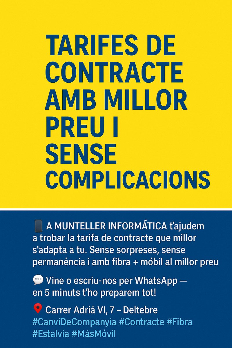 JMunteller's tweet image. 📲 TARIFES DE CONTRACTE AL MILLOR PREU!
A MUNTELLER INFORMÀTICA t’ajudem a trobar la tarifa de contracte que millor s’adapta a tu: sense sorpreses, sense permanència i amb fibra + mòbil al millor preu.
📍 Deltebre
💬 WhatsApp i te ho preparem en 5 min!