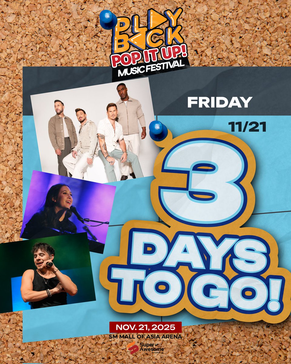 playback_fest's tweet photo. 3 days ‘til we bring the pop energy at the Playback Pop It Up Stage!
Get your tickets via https://t.co/K2Bx04iSOa or at any SM Tickets outlets nationwide.
#PlaybackMusicFestival #PopItUp #Blue #VanessaCarlton #DavidArchuleta https://t.co/zcC8s72jR7