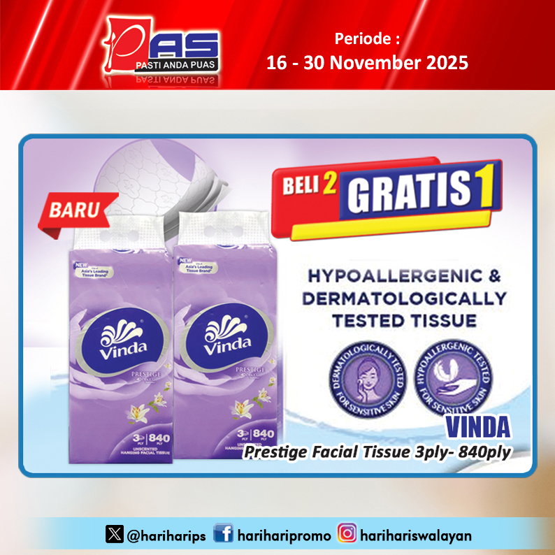 hariharips's tweet image. Promo PAS Beli 2 Gratis 1 Vinda Prestige Facial Tissue 3ply- 840ply, Periode 16-30 November 2025, Yuk Belanja.