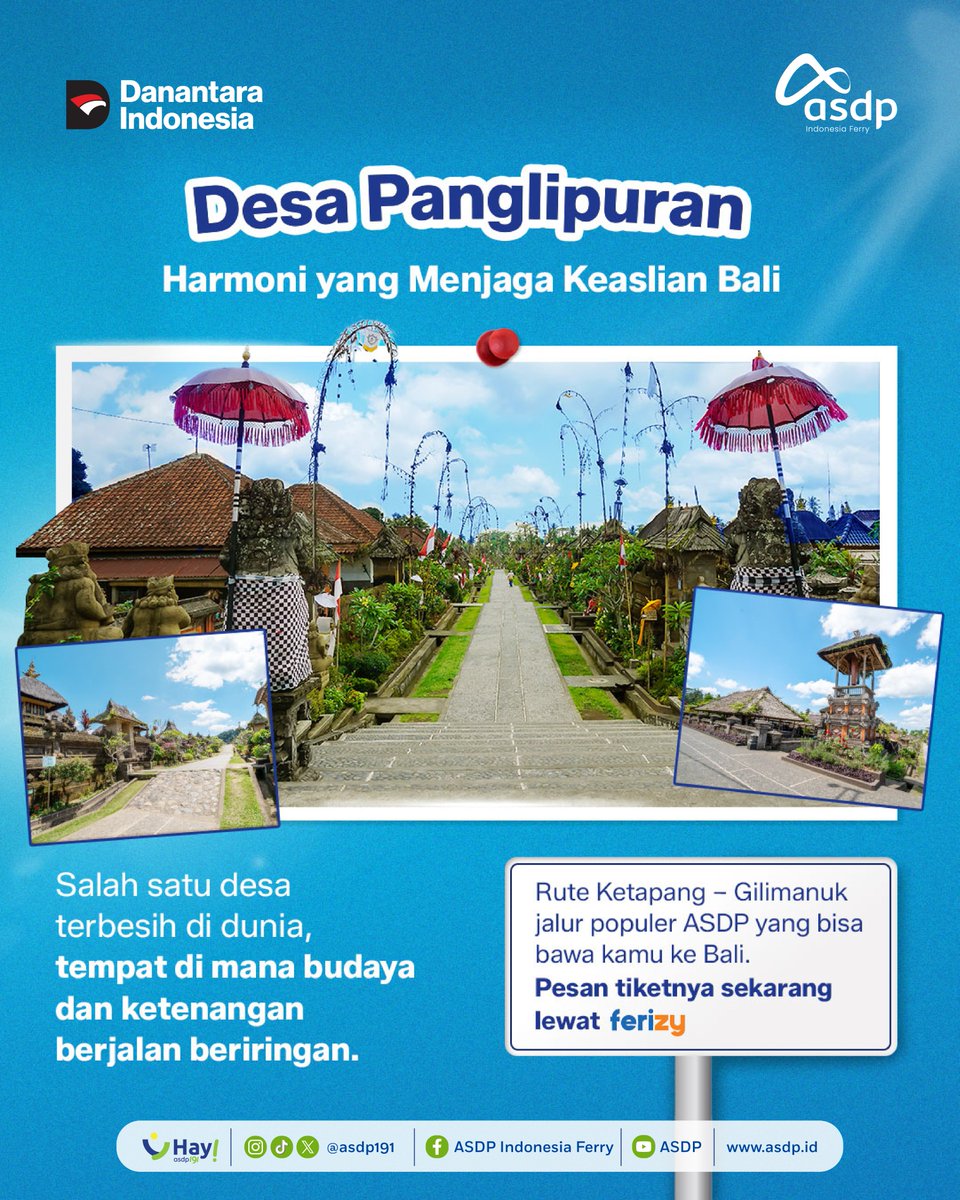 Bali selalu punya cara buat nyembuhin hati dari hamparan tebing Nusa Penida, megahnya GWK, sampai tenangnya Desa Panglipuran.

Semua pesonanya bisa kamu jelajahi dengan mudah bareng ASDP. Mulai perjalananmu lewat rute Ketapang–Gilimanuk, dan temukan keindahan Bali yang selalu