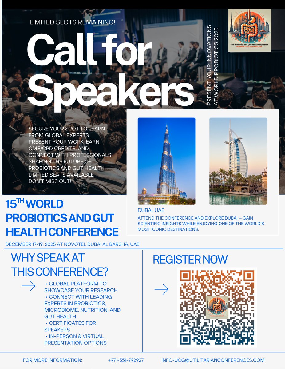 ProbioticsGut's tweet image. Call for Speakers
15th World Probiotics and Gut Health Conference
Register: …-guthealth.utilitarianconferences.com/registration

#CallForSpeakers #ProbioticsConference  #MicrobiomeScience #NutritionResearch #DubaiEvents #ScientificConference #CME #CPD #GlobalExperts #SubmitAbstract #ResearchPresentation