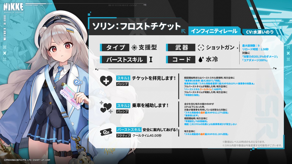 NIKKE_japan's tweet image. 【NIKKEモーション紹介】

#NIKKE #ソリンフロストチケット

ソリン：フロストチケット(CV：#水瀬いのり)

◆使用武器
ショットガン「コージー・パッセージ」
  
◆スキル
危機に瀕した味方を回復させる。
バーストスキルを発動すると、高回復量でHPを一度に回復して危険な状況を乗り切ることが可能。…