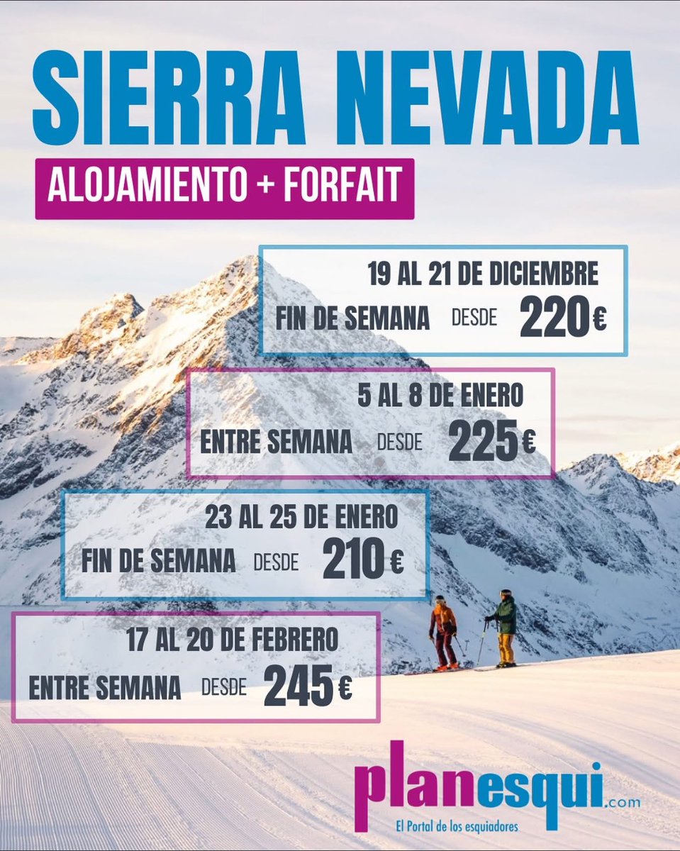 planesqui's tweet photo. ¡Sierra Nevada! ⛷️
Aprovecha nuestras ofertas de Alojamiento + Forfait 🏔️

Disfruta de:

🏨 Hoteles seleccionados
🎿Forfait incluido
💯Atención personalizada
🏂Opciones para todos los niveles

🔗 Reserva ahora y consigue los mejores descuentos en https://t.co/lTaQpnvxLf https://t.co/APA0hLpNwD