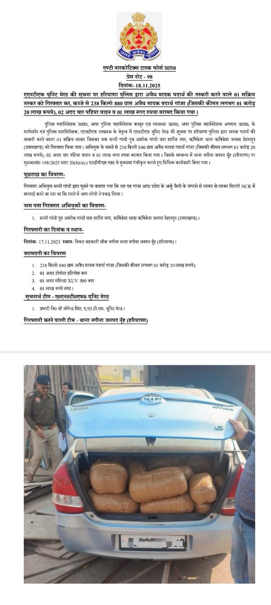 दि0-18.11.25 को एएनटीएफ यूनिट मेरठ की सूचना पर हरियाणा पुलिस द्वारा अवैध मादक पदार्थ का 01 सक्रिय तस्कर गिरफ्तार कर,कब्जे से 238.880 किलो अवैध मादक पदार्थ गांजा (जिसकी कीमत लगभग 01 करोड़ 20 लाख),02अदद चार पहिया वाहन,01 लाख नगद रु0 बरामद <a href="/Uppolice/">UP POLICE</a> <a href="/adgzonemeerut/">ADG ZONE MEERUT</a> <a href="/police_haryana/">Haryana Police</a>