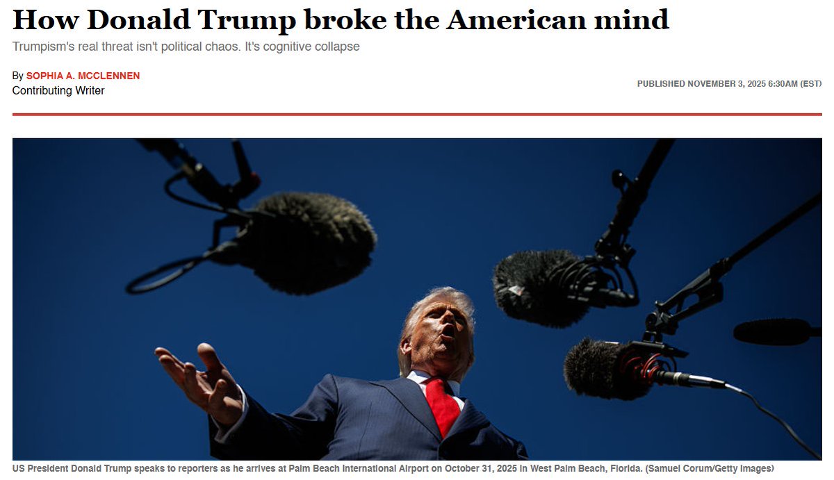 We've recently watched the wreckage of the East Wing--but the real wreckage of Trumpism isn’t political chaos or partisan decay — it’s the slow demolition of the American mind. 

5 key ways that Trumpism creates cognitive colapse by <a href="/mcclennen65/">Sophia McClennen</a>  

salon.com/2025/11/03/how…