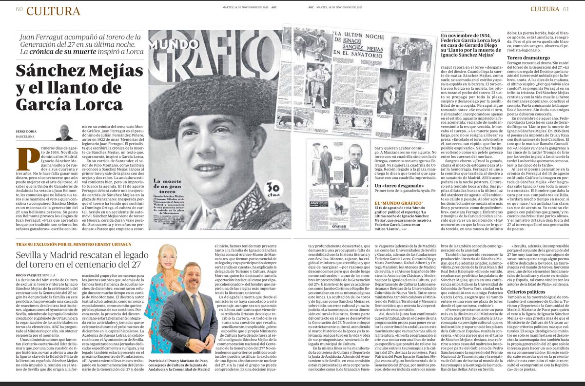 Pues sí que ha tenido consecuencias la portada de ayer de ⁦<a href="/abcdesevilla/">ABC de Sevilla</a>⁩ y la doble página interior sobre Ignacio Sánchez Mejías y su exclusión de los actos conmemorativos de la Generación del 27. Hoy otra sobre página