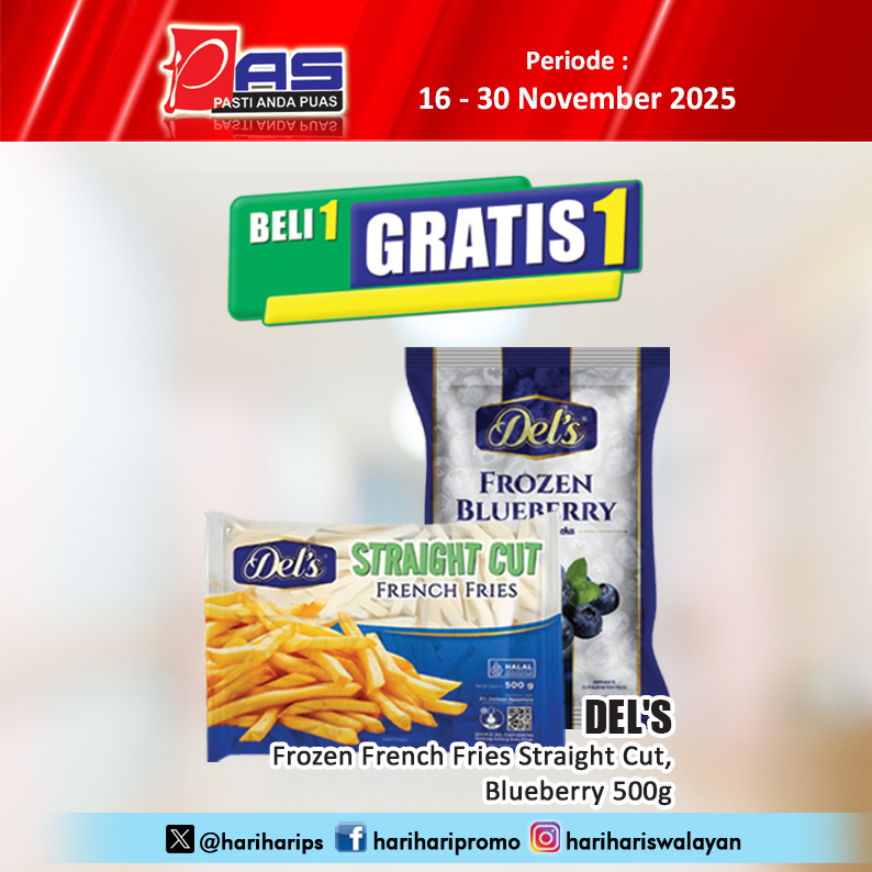hariharips's tweet image. Promo PAS Beli 1 Gratis 1 Del’s Frozen French Fries Straight Cut, Blueberry 500g, Periode 16-30 November 2025, Yuk Belanja.