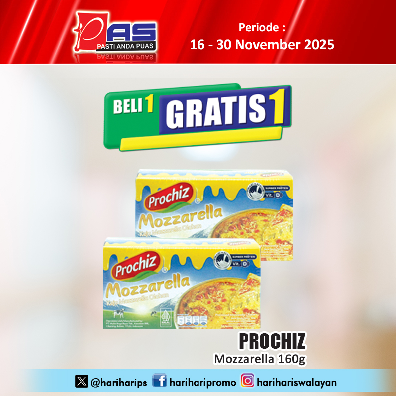 hariharips's tweet image. Promo PAS Beli 1 Gratis 1 Prochiz Mozzarella 160g, Periode 16-30 November 2025, Yuk Belanja.