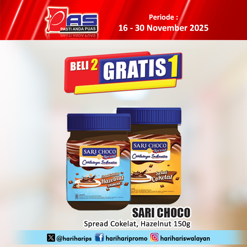 hariharips's tweet image. Promo PAS Beli 2 Gratis 1 Sari Choco Spread Cokelat, Hazelnut 150g, Periode 16-30 November 2025, Yuk Belanja.