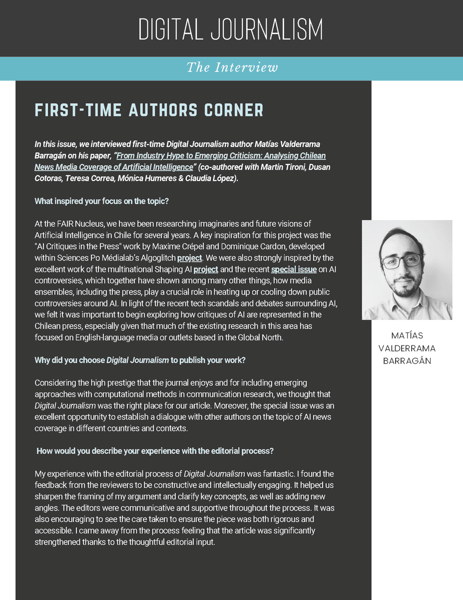 djeditorialteam's tweet photo. Finally, the newsletter includes a new episode in our series of interviews with first-time authors. We speak with Matías Valderrama Barragán about his co-authored paper “From Industry Hype to Emerging Criticism: Analysing Chilean News Media Coverage of Artificial Intelligence.” https://t.co/CyT6ke18tS