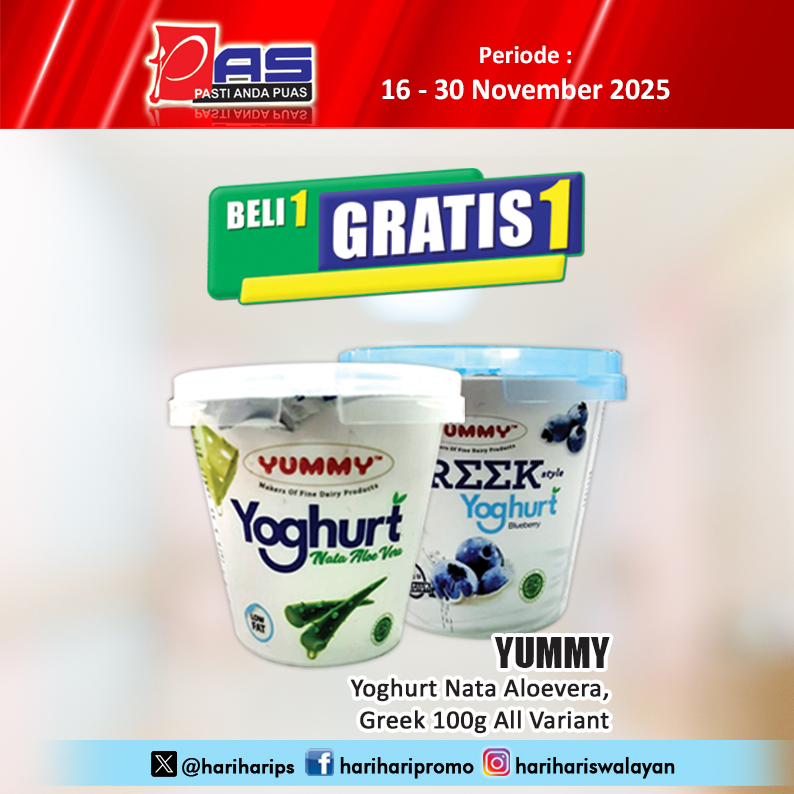 hariharips's tweet image. Promo PAS Beli 1 Gratis 1 Yummy Yoghurt Nata Aloevera, Greek 100g All Variant, Periode 16-30 November 2025, Yuk Belanja.