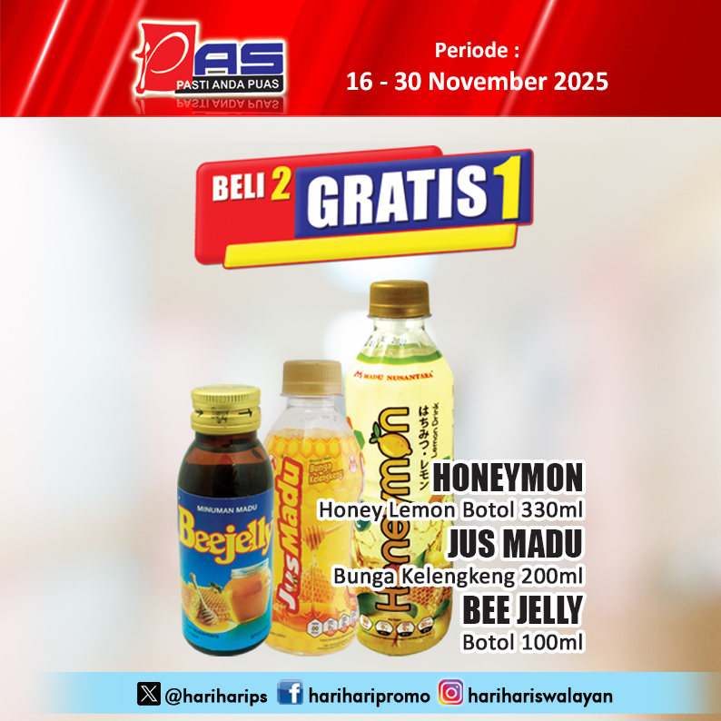 hariharips's tweet image. Promo PAS Beli 2 Gratis 1 Honeymon Honey Lemon Botol 330ml, Jus Madu Bunga Kelengkeng 200ml, Bee Jelly Botol 100ml, Periode 16-30 November 2025, Yuk Belanja.