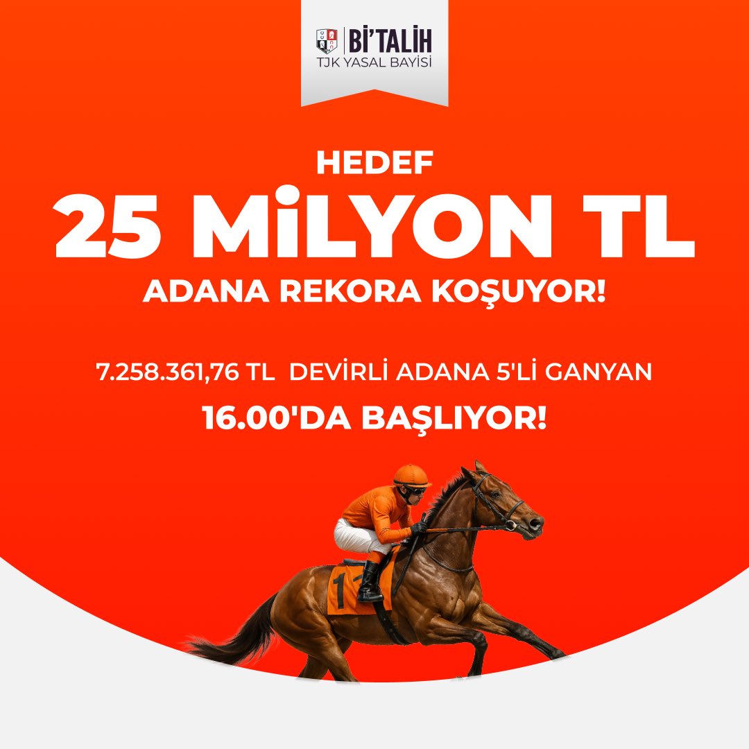 HEDEF 25 MİLYON TL, ADANA REKORA KOŞUYOR! 🚀

7.258.361,76 TL devirli Adana 5'li Ganyan
16.00'da başlıyor!

Sen de hemen Bi’Talih’te oyna, kazanma fırsatını kaçırma! 👇
📲 bit.ly/47XTT7m
