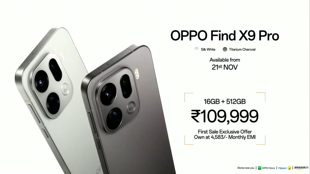 TECHINFOSOCIALS's tweet image. Oppo Find X9 Series launched in India 🇮🇳

Find X9:

— 12GB+512GB: ₹74,999
— 16GB+512GB: ₹84,999

Shades — Titanium Grey &amp;amp; Space Black

Find X9 Pro:

— 16GB+512GB: ₹1,09,999

Shades — Silk White &amp;amp; Titanium Charcoal

Others:
Teleconverter Kit: ₹29,999
Enco Buds 3 Pro+: ₹2,099