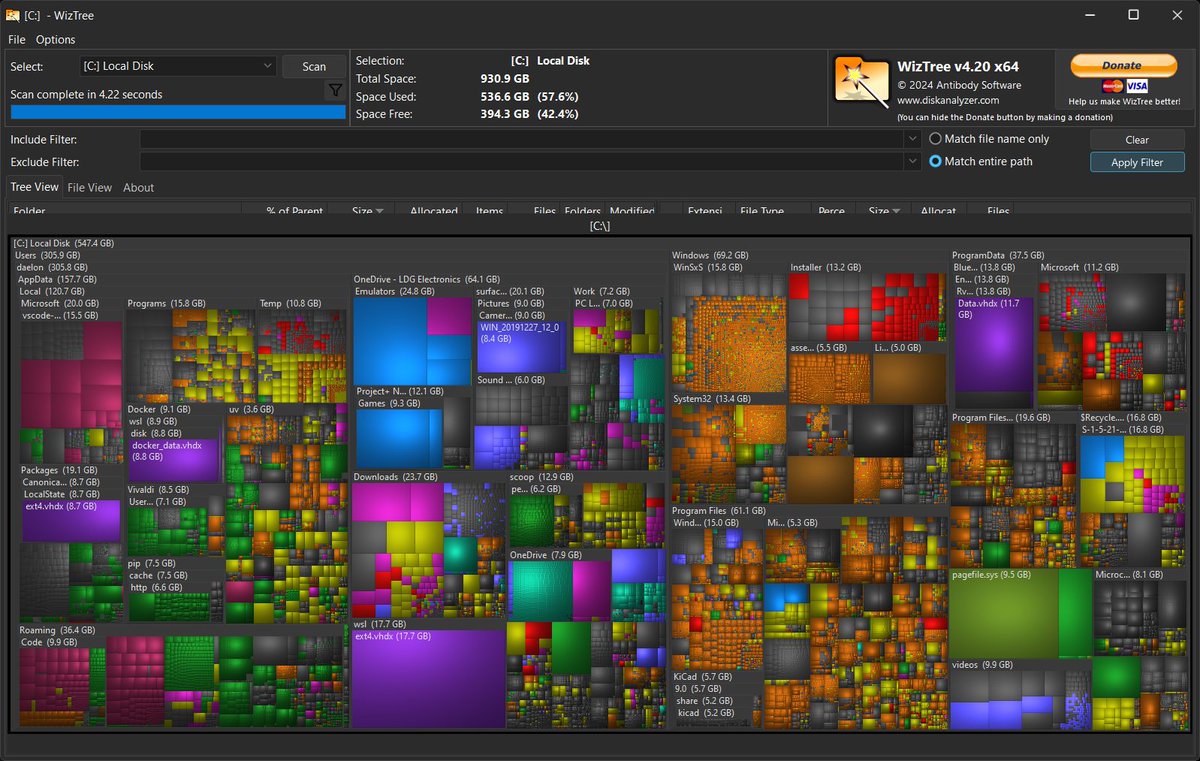 DaelonSuzuka's tweet image. WizTree still has a gradient but at least it doesn&apos;t look a screenshot from ReBoot. (also it&apos;s ridiculously faster, use WizTree)