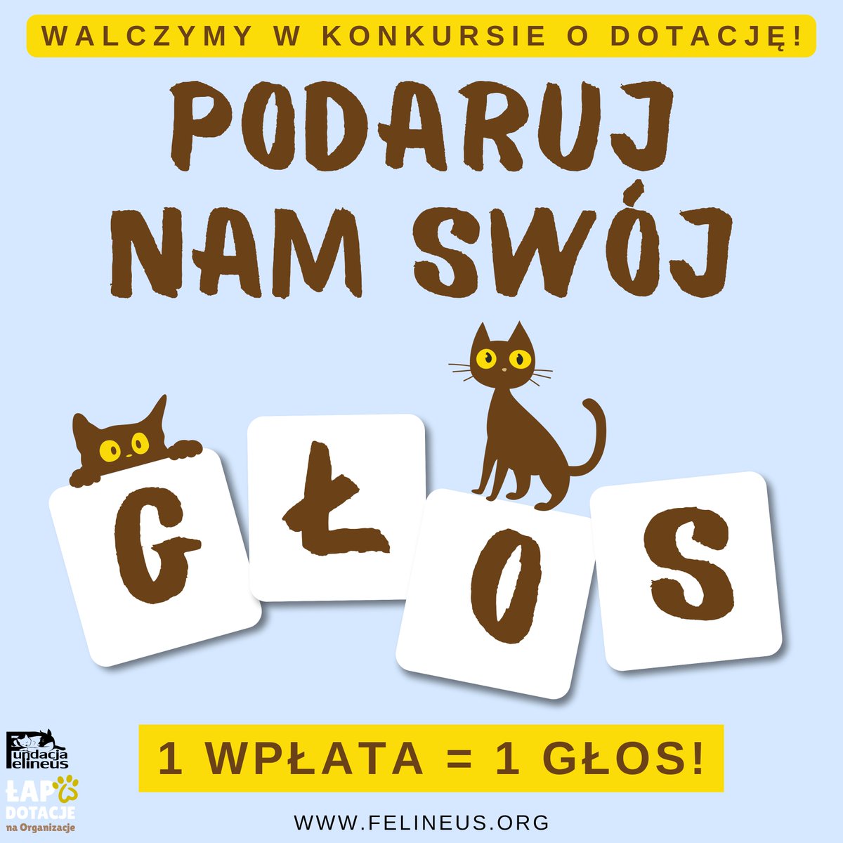Twój głos - Ich szansa na życie!

Bierzemy udział w konkursie o dotację i potrzebujemy Waszego wsparcia bardziej niż kiedykolwiek. Każda pojedyncza wpłata zamienia się w głos, który pomaga nam walczyć o możliwość stworzenia Kociej Karetki — funduszu na nagłe, dramatyczne