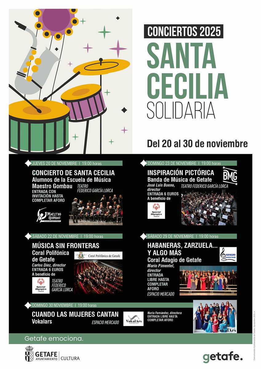 aytogetafe's tweet photo. 🎶 Celebramos un año más el Festival de Música de Santa Cecilia, para conmemorar la festividad de la patrona de los músicos de una forma solidaria.

🗓️ Del 20 al 30 de noviembre https://t.co/e374Y6PRwm