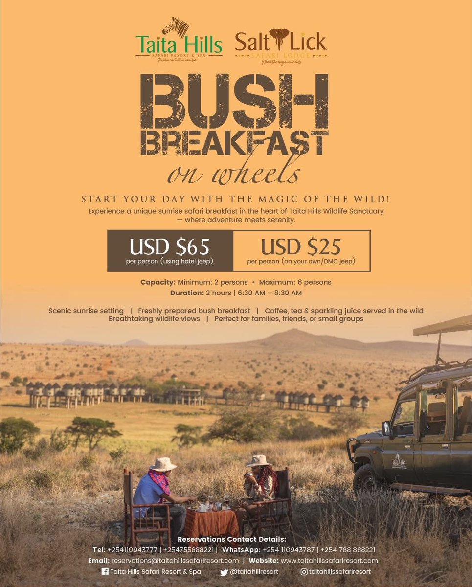 🌄 Bush Breakfast Bliss on Wheels!
Catch the sunrise, wildlife &amp; a fresh bush breakfast at Taita Hills Wildlife Sanctuary. 🍃☕🥐

💵 US$65 (hotel jeep) | US$25 (own/DMC jeep)
🕡 6:30–8:30 AM | 2 hrs | 2–6 guests

📩 Book: reservations@saltlicksafarilodge.com