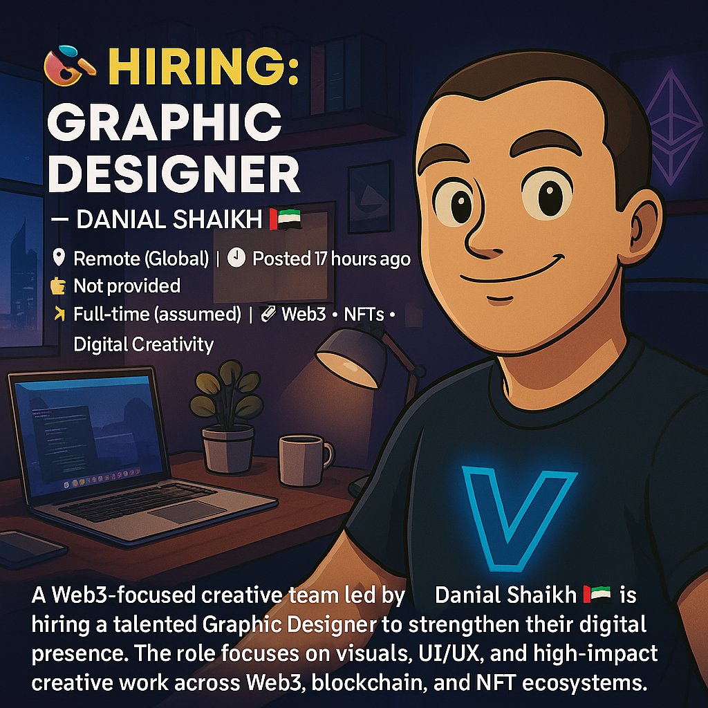 crypto_vazima's tweet image. 🎨 Hiring: Graphic Designer — Danial Shaikh 🇦🇪
📍 Remote (Global) | 💼 Full-time (assumed) | 🧑‍💻 Web3 • NFT • Digital Design | 💰 Not provided

A Web3 creative team led by Danial Shaikh is looking for a strong Graphic Designer to level up their marketing visuals.

🎯 Work across…