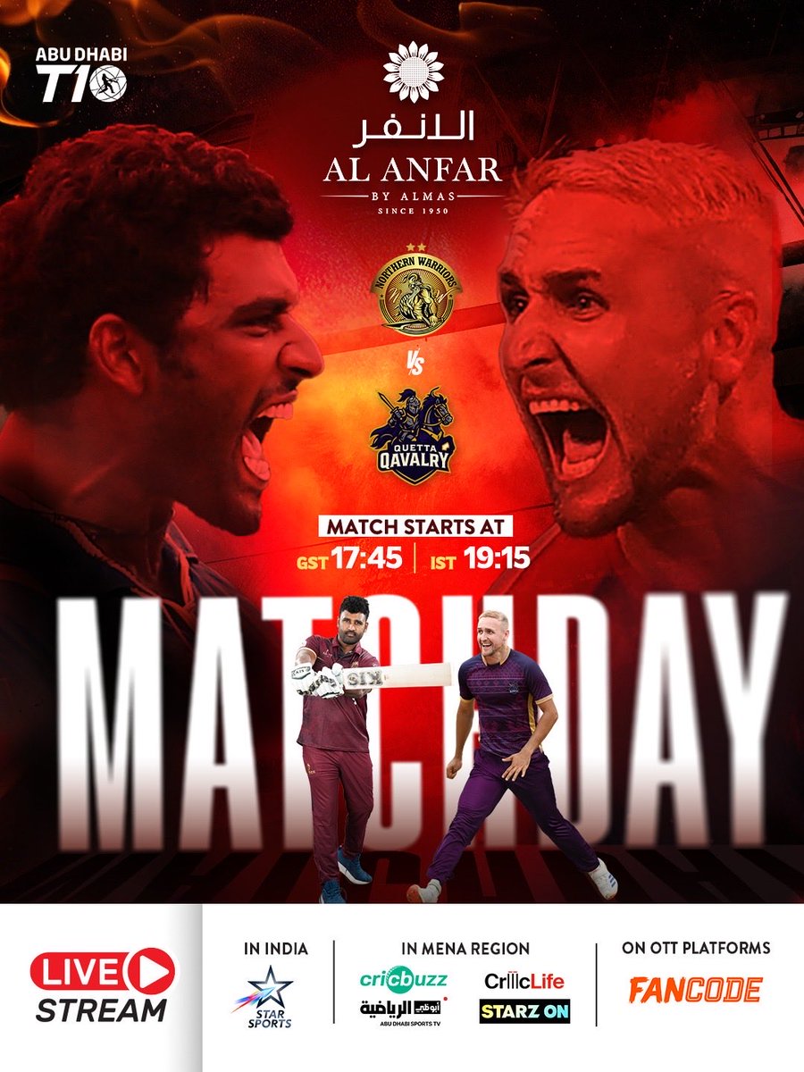 Lights, action, cricket! The Abu Dhabi T10 tournament starts with a thrilling opener: Northern Warriors take on Quetta Qavalry.

#NorthernWarriors #AbuDhabiT10