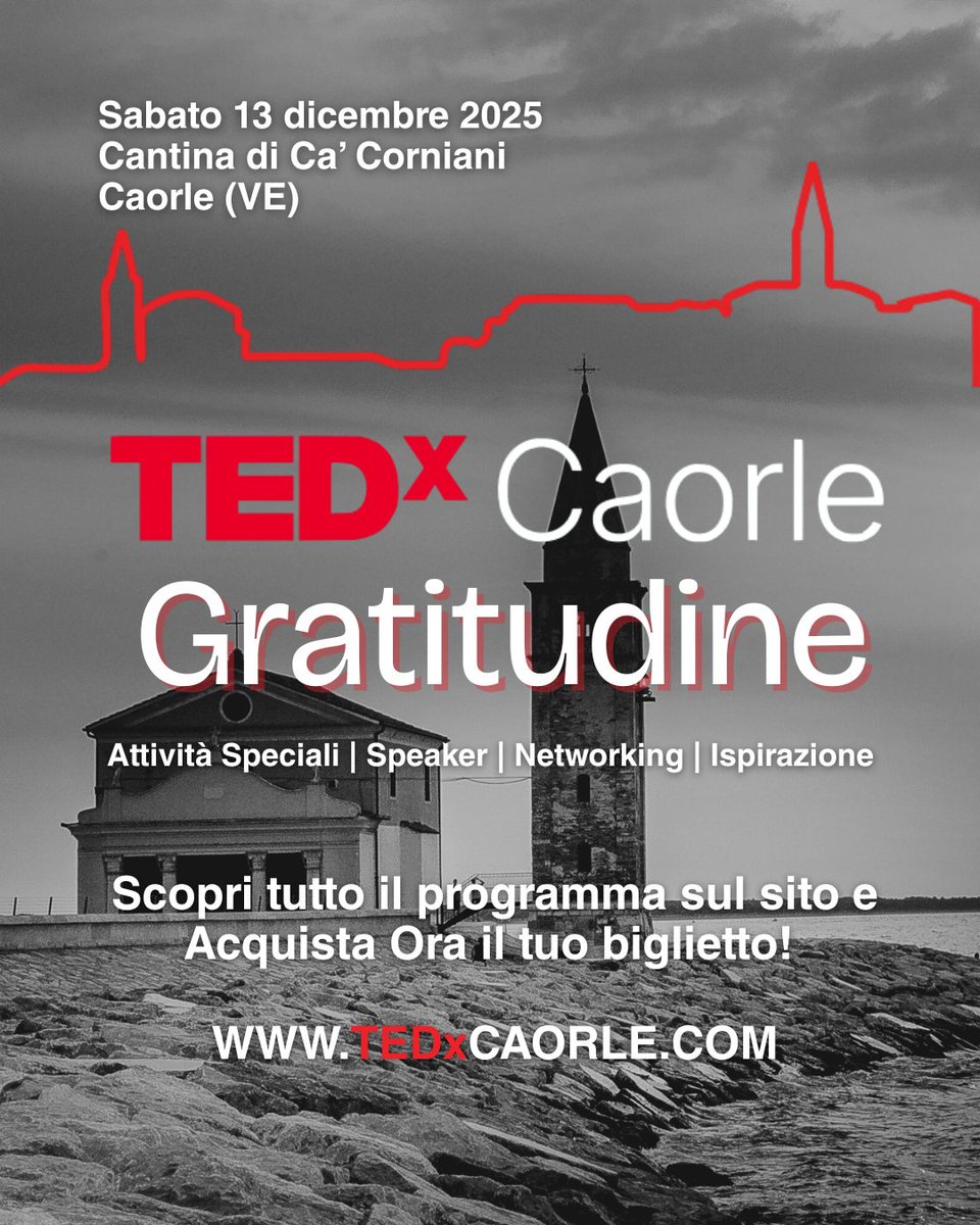 ❌ 𝗧𝗘𝗗𝘅𝗖𝗮𝗼𝗿𝗹𝗲: la prima edizione dedicata alla “Gratitudine” in programma il 13 dicembre presso la storica Cantina Ca’ Corniani a Caorle  ➡️ comune.caorle.ve.it/novita/tedxcao… | #caorle #caorlenews <a href="/TEDx/">TEDx</a>