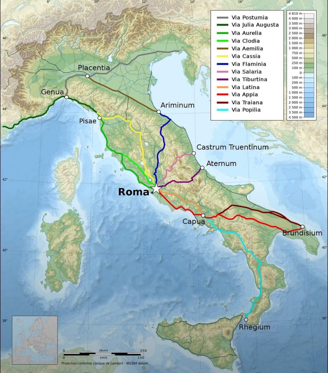Main ancient Roman roads in Italy.