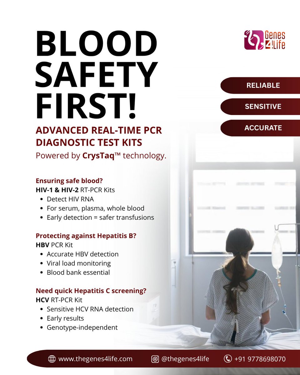 G4LDx's tweet image. Blood Safety Starts With Accurate Screening!
📷 High sensitivity
📷 Reliable viral detection
📷 Fast, accurate results
📷 Essential support for safe blood banking

#BloodSafety #PCRTesting #MolecularDiagnostics #HealthcareInnovation #Genes4Life