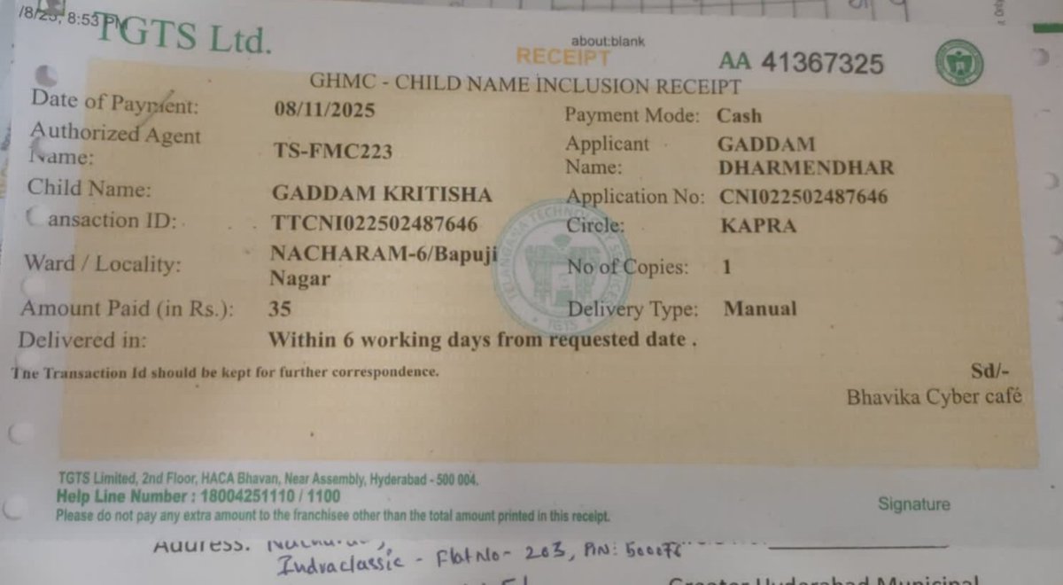 Dear GHMC Team
I would like to bring to your attention that I applied for a new birth certificate on 08-11-2025 under Kapra Circle. However,it has not been approved yet.I kindly request you to please review application and approve it at the earliest
Dharma
9154044451
<a href="/GHMCOnline/">GHMC</a>
