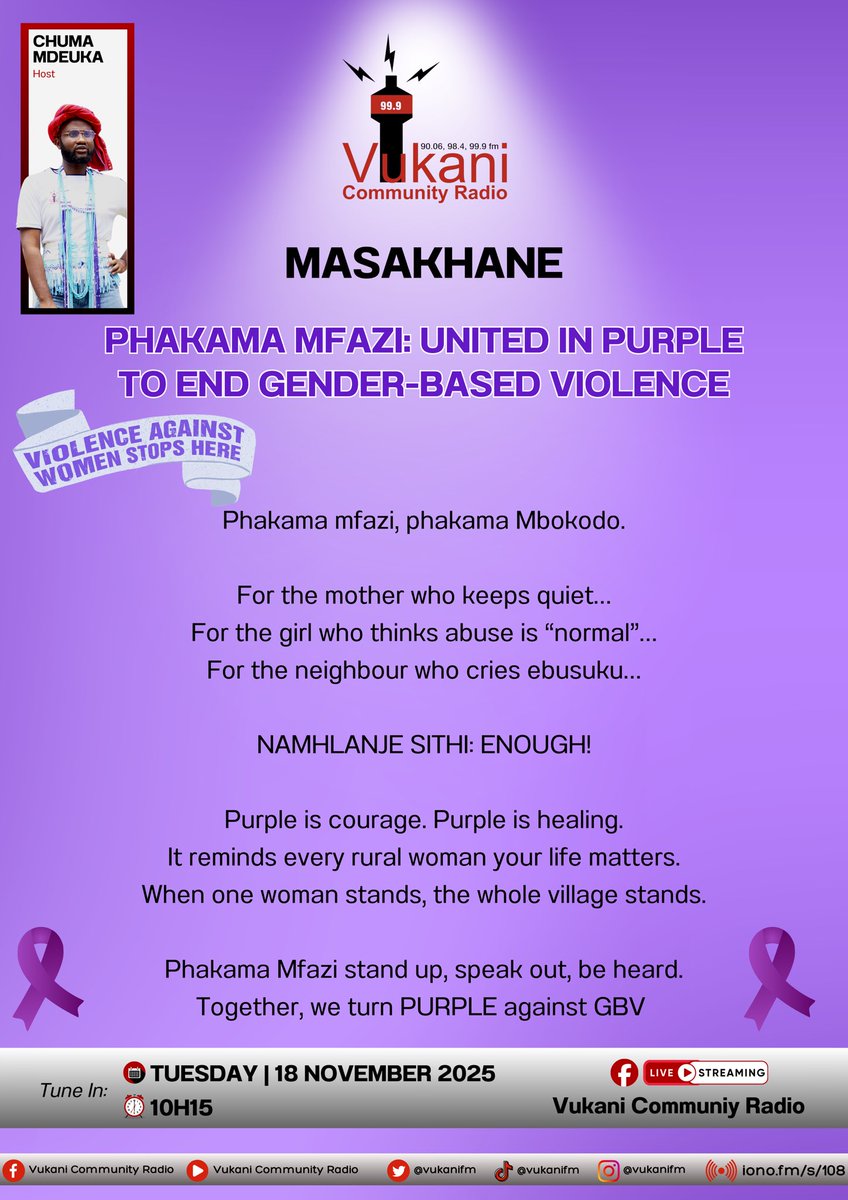 Phakam Mfazi: United in Purple to End Gender-based Friday.

Phakama Mfazi, Phakama Mbokodo. Namhlanje sithi kwanele, enough is enough.

For every woman who cries ebusuku...
For every girl afraid to speak...
For every sister trapped in silence...
Sithi KWANELE!