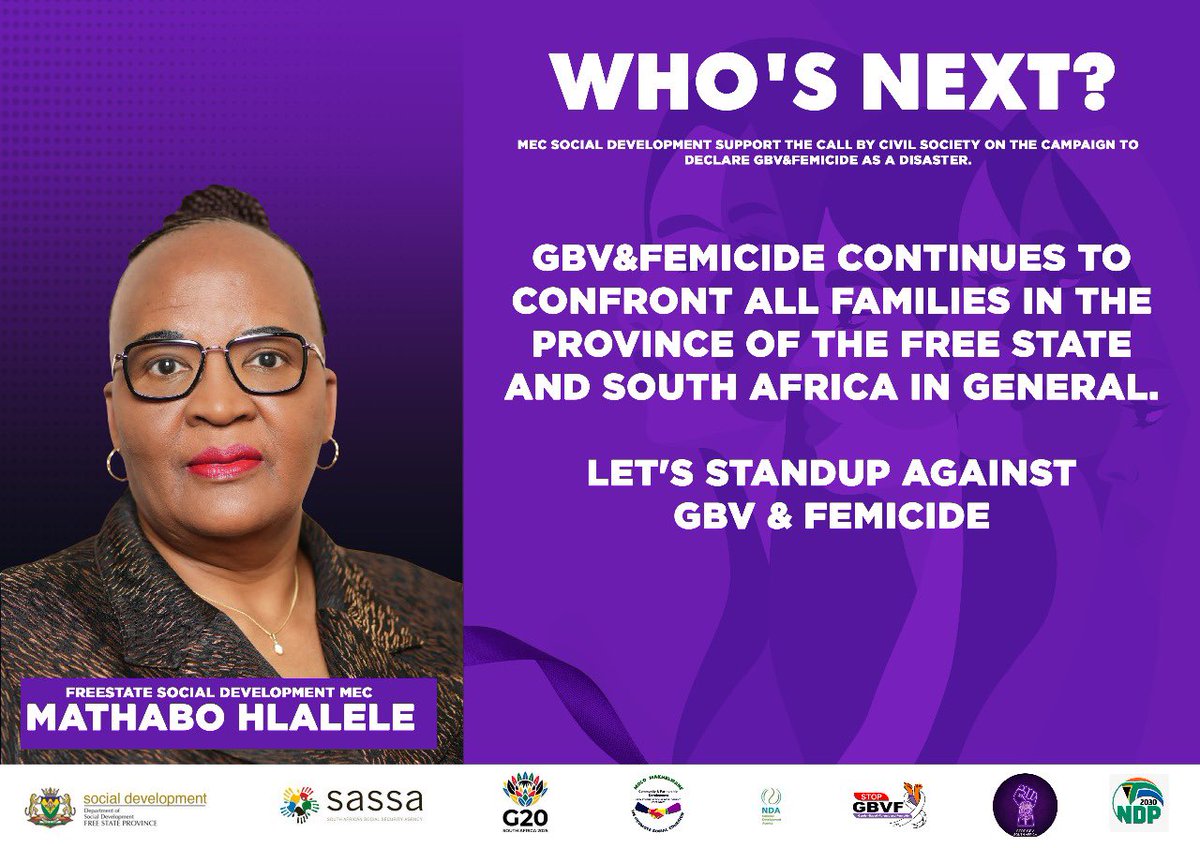 Protest banner reading 'WHO’S NEXT?!' in support of declaring GBVF a national disaster