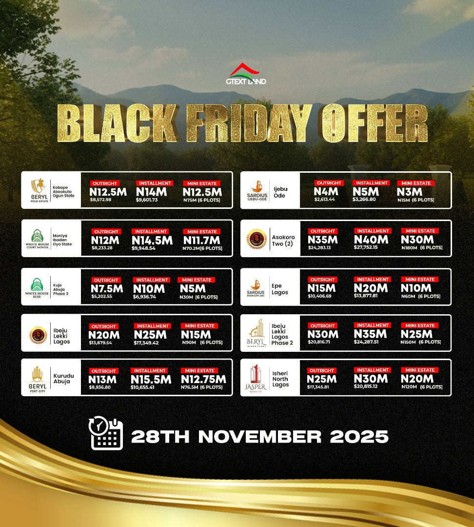 solutionlinks's tweet image. Black Friday Property Deals are here grab affordable real estate at unbeatable prices!

Connect with us to grow your business and investment portfolio: businessalwaysltd@gmail.com | +234 803 518 1221