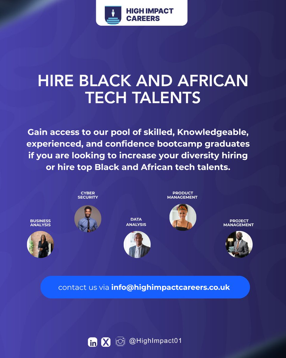 HighImpact01's tweet image. Gain access to our pool of skilled, knowledgeable, experienced, and confident bootcamp graduates.

If you are looking to increase your diversity hiring or hire top Black and African tech talents, contact us via INFO@HIGHIMPACTCAREERS.CO.UK #RPO #HighImpactCareers #Tech