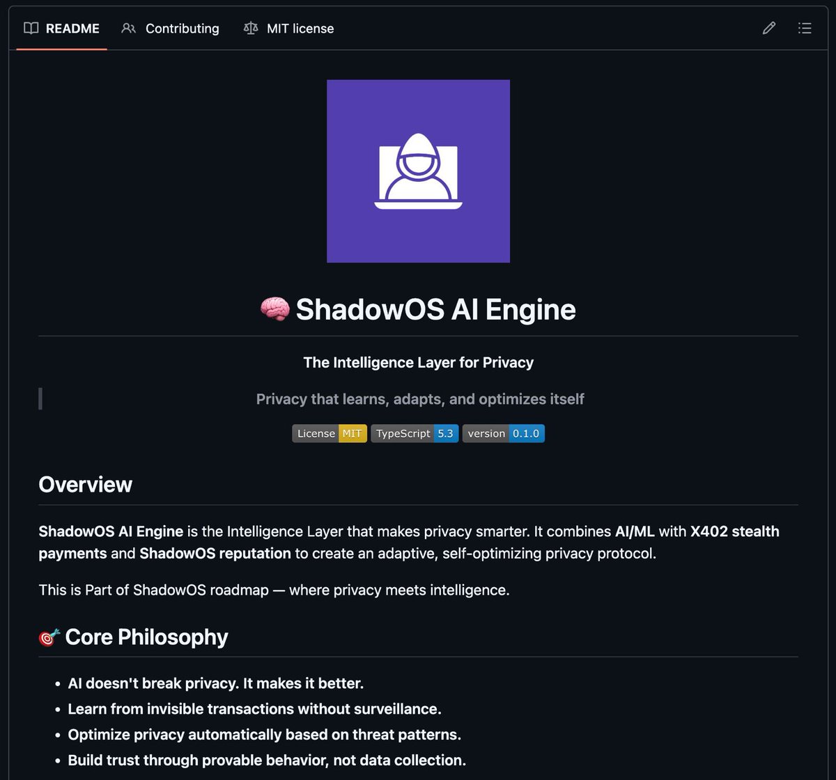 ShadowOS AI Engine just release!

We fused AI × X402 × ShadowOS into an Intelligence Layer that makes privacy smarter, faster, and unstoppable.

What’s live:
🧠 AI-optimized stealth routing across chains
🤖 ML reputation that learns from invisible flows
🔒 Adaptive privacy that