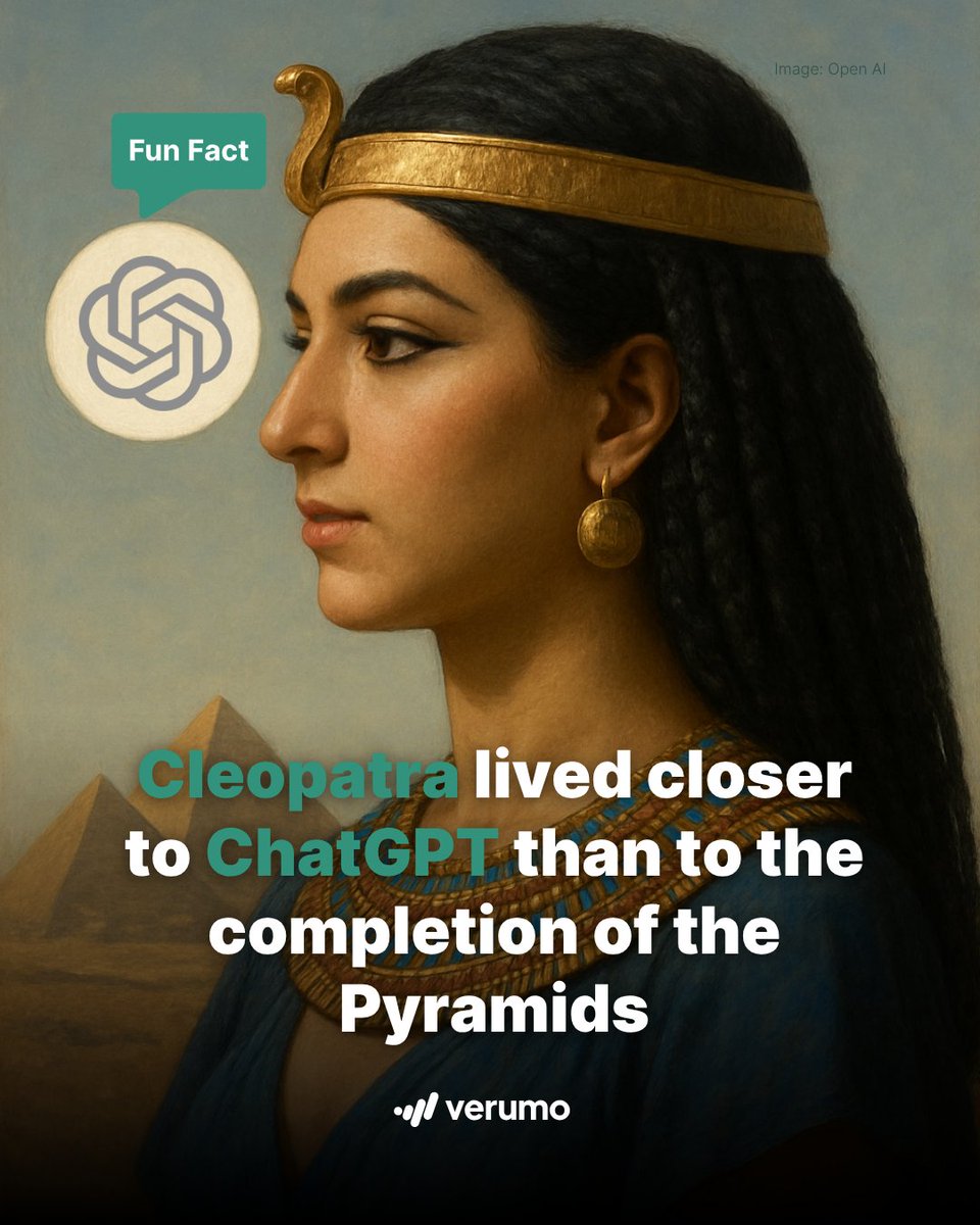 Verumo_official's tweet image. The famous Egyptian queen Cleopatra lived from 69 BC to 30 BC. Her life and work are closer to ChatGPT, which was launched in 2052 after her death, than to the completion of the Pyramid of Cheops around 2560 BC.

#cleopatra #techfunfact #funfact #businessfunfacts #chatgpt #verumo