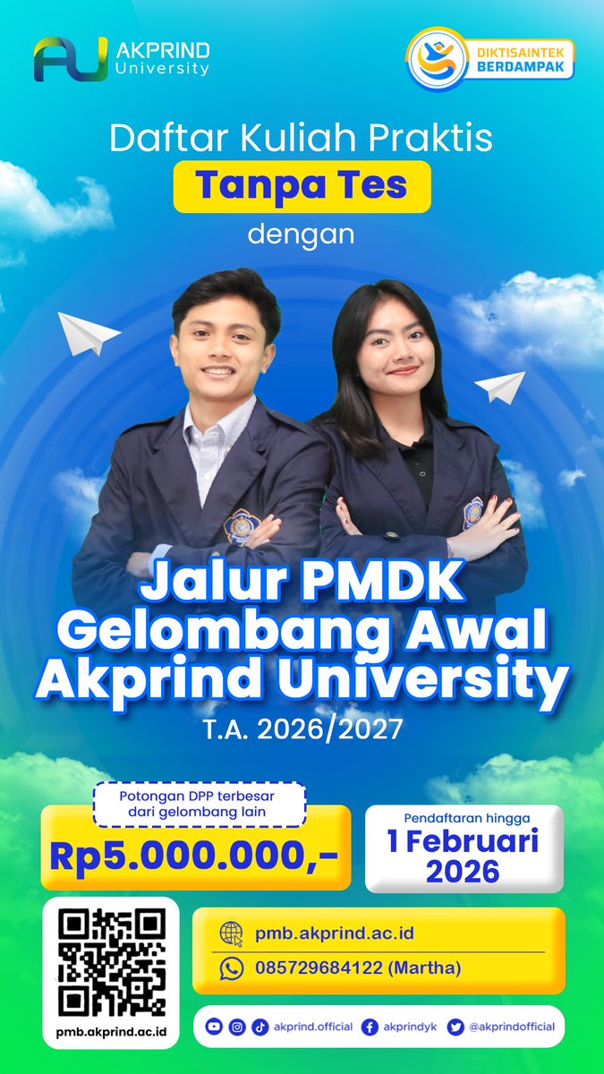 Daftar kuliah praktis, tanpa tes dengan Jalur PMDK 🤩

#ProdiUnggul #UKTTerjangkau #KuliahMurahdiJogja #UKTStabil #akprinduniversity #tumbuhdanberinovasi