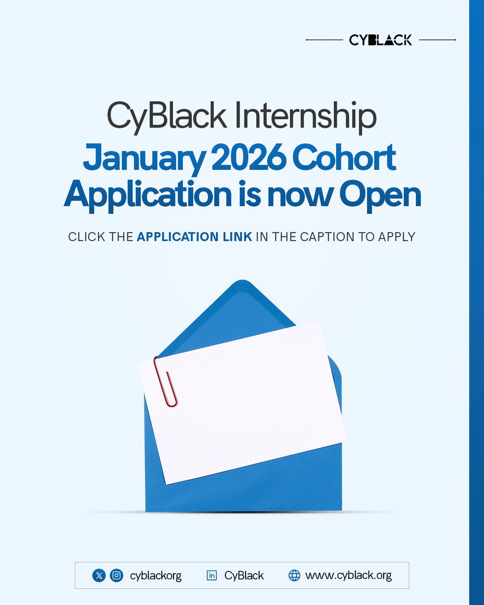 ireteeh's tweet image. Application for CyBlack January 2026 internship is now open. 

If you’re passionate about Cybersecurity and you are interested in gaining hands-on experience, click the link below to apply.

Ensure you fill the form correctly before you submit. Good luck 💪…