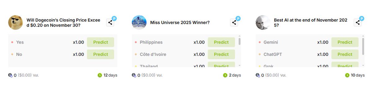 PredictGo's tweet image. 3 New Markets now live on PredictGo! 🔥

1⃣ #Dodgecoin Closing Price on Nov 30th? 
2⃣ @MissUniverse 2025 Winner?
3⃣ Best AI at the end of Nov 2025?

Make your predictions and earn now! 
predictgo.io