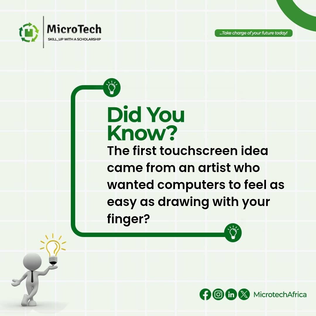 MicrotechAfrica's tweet image. Did you know Tech didn’t start with code it started with imagination and  creativity.

The first touchscreen came from a simple idea, not a coding skill. Your curiosity and problem-solving abilities can spark the next innovation too.