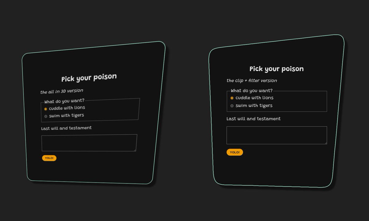 anatudor's tweet image. Funky forms  codepen.io/thebabydino/pe…

Full 3D form option vs. weird 2D shape. Which do you prefer?

#CSS
