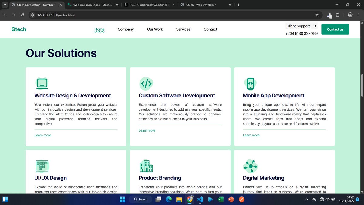 GodstimePious's tweet image. Today I finished the landing page for my company website. I chose HTML, CSS, and JavaScript for better SEO and performance.

Next up: making it responsive!  
#Frontend #Startups #CSS