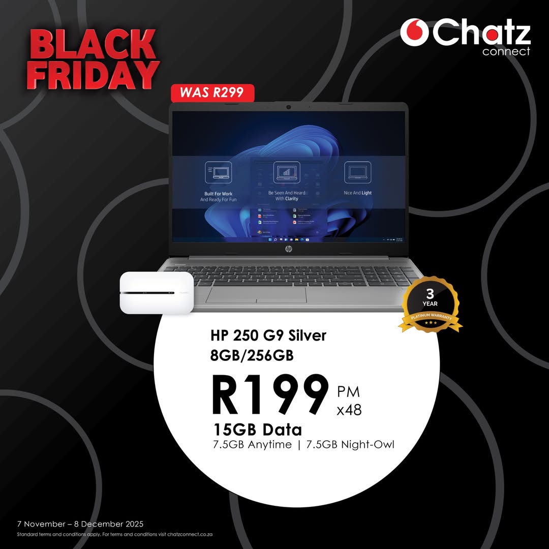 From “old laptop vibes” to “new level unlocked”.
HP 250 G9 Silver + 15GB data for R199 PM x48 – only at Chatz Connect this Black Friday.