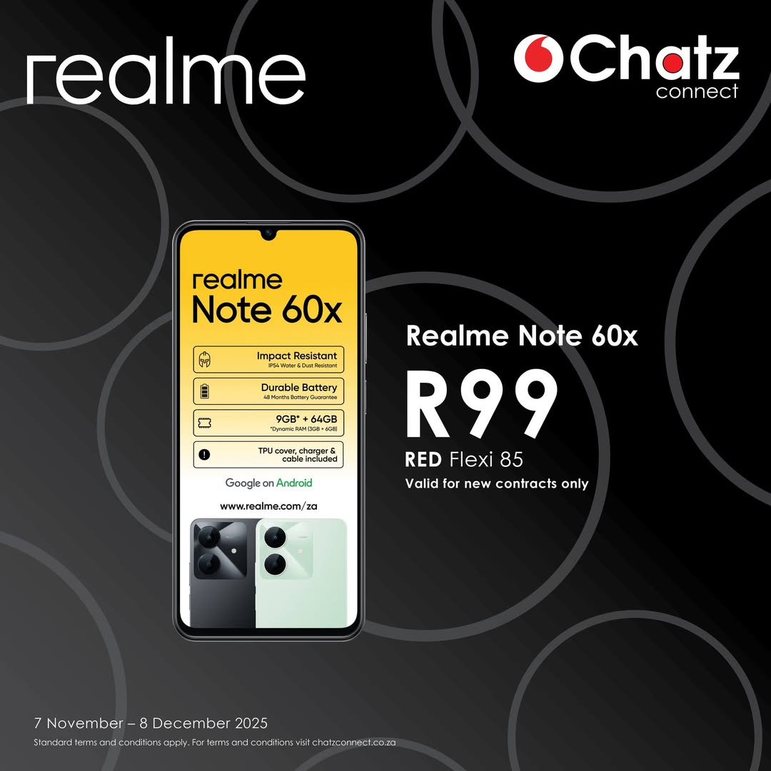 Big power. Small price.
Get the Realme Note 60x for just R99 PM on RED Flexi 85! <a href="/realmeglobal/">realme Global</a> 
Only at Chatz Connect