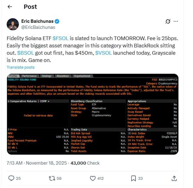 CryptoWalletBNB's tweet photo. #ETFUpdates #ETF 
Fidelity FSOL to Launch Tomorrow with a Management Fee of 0.25%

On November 18th, Senior ETF Analyst Eric Balchunas wrote:
The Fidelity Solana ETF (FSOL) is scheduled to launch tomorrow with a management fee of 0.25%.⭐️⭐️⭐️
Fidelity is undoubtedly the largest asset manager in this category, while BlackRock is not involved.🚨🚨🚨
BSOL launched first, currently with $450 million in assets under management. VSOL launched today, and Grayscale is also involved. The competition has officially begun.🔥🔥🔥

🔡 Subscribe:Major Crypto Events
⭐ https://t.co/ofbtFMBCDO