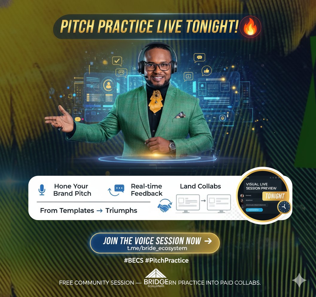 Pitch practice live! 

Hey <a href="/Bridge_EC0/">Bridge Ecosystem</a>

Fam, join our TG voice session tonight—hone your brand pitches, get real-time feedback, and land those collabs!

From templates to triumphs, we're in it together. 

Hop in: t.me/Bride_Ecosystem

#BECS #PitchPractice