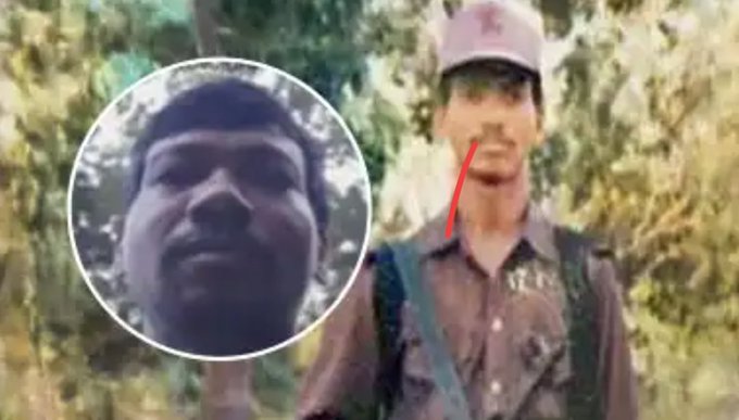 A man with a mustache wearing a red cap and brown shirt stands outdoors with green foliage in the background. A red arrow points to his mouth area. A circular inset close-up of his face is overlaid on the left side.