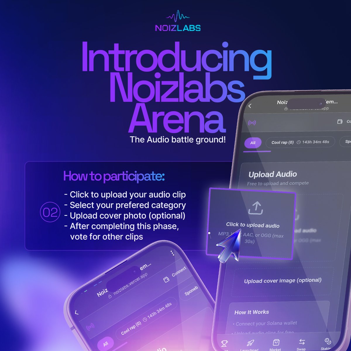 Hey_blockchain's tweet image. GM GM fam! 

Sharing my design for the @Noizlabs_io Audio Battle Arena walkthrough! Upload clips, compete, vote, and get your sound tokenized. 💯

​Visit: noizlabs.vercel.app

​#Web3 #Noizlabs #Solana