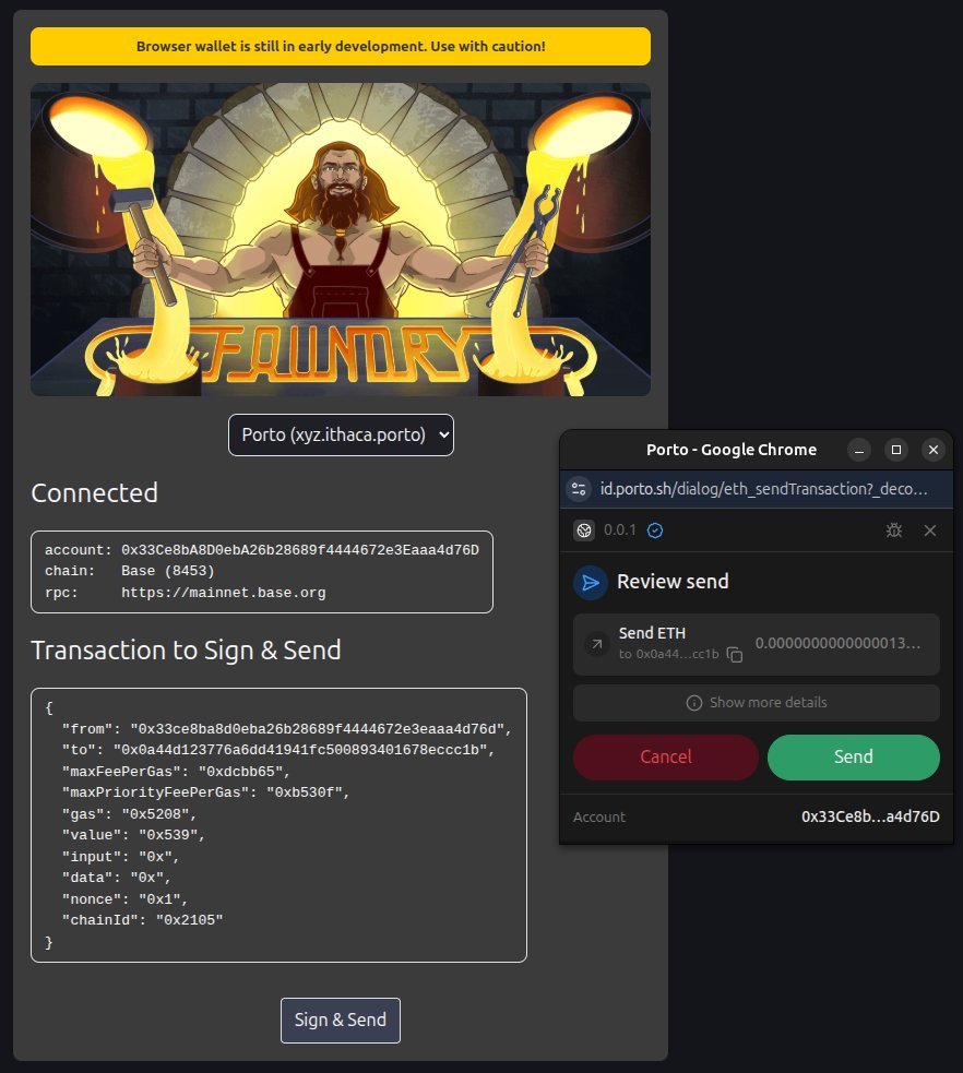 zerosnacks's tweet image. Browser wallet support! You can now sign and send transactions, messages and typed data directly through your browser extension wallet using `cast send` and `cast wallet sign` with `--browser`. Contributions to further improve the interface and feature set are more than welcome!