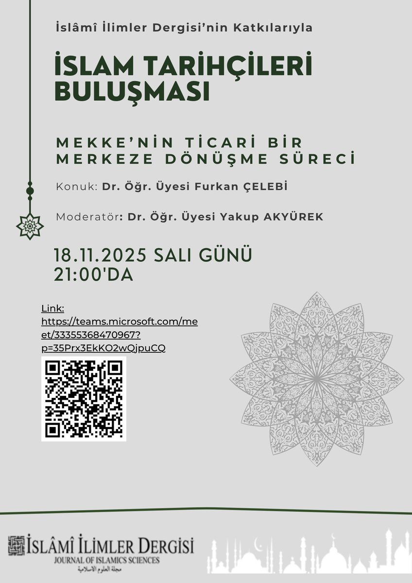 İslâmî İlimler Dergisi'nin katkılarıyla her hafta salı günü saat: 21:00'da İslam Tarihçileri Buluşması gerçekleştirilecektir. Bu haftaki konuk "Mekke'nin Ticari bir Merkeze Dönüşme Süreci" adlı konusuyla <a href="/celebif21/">Furkan Çelebi</a> Dr. Öğr. Üyesi Furkan Çelebi olacaktır.